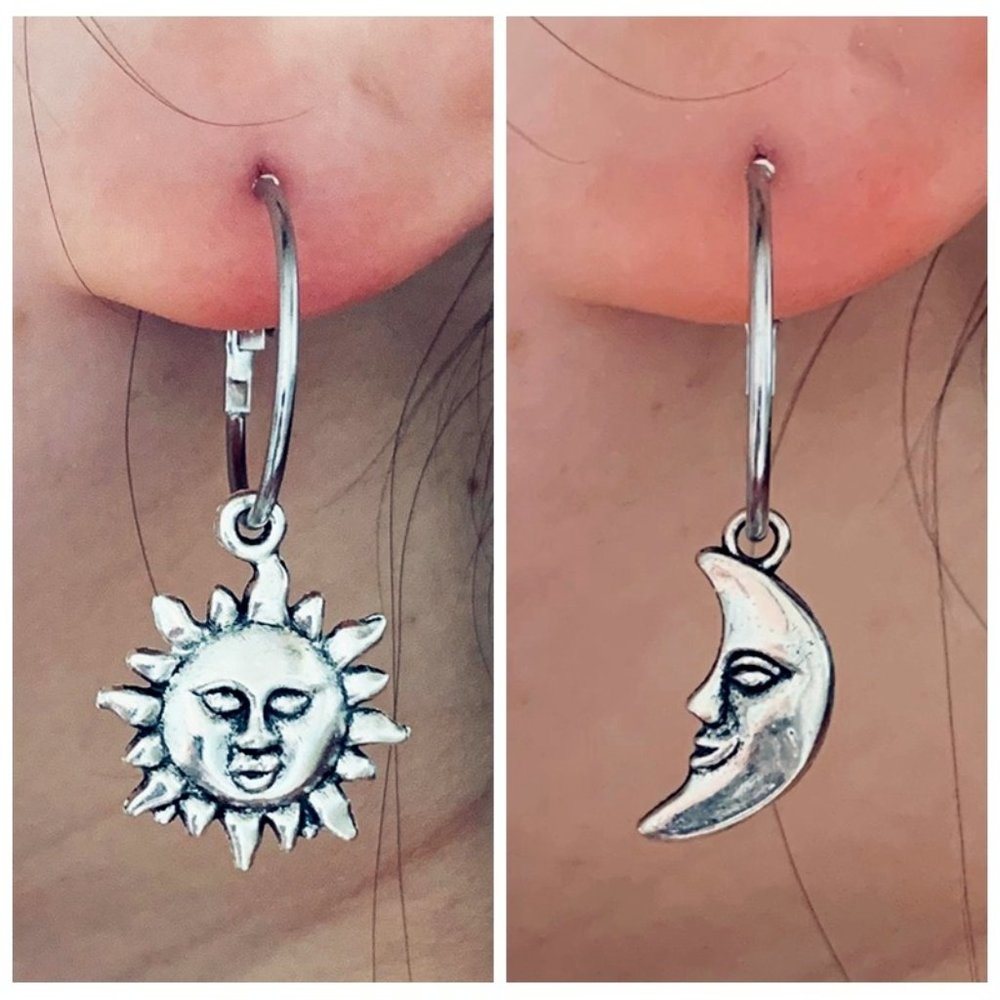 Smiling Silver Sun and Moon Earrings - Picture 2 of 2